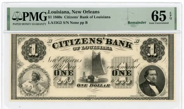 NobleSpirit No Reserve US 1860s $1 Sailboat Louisiana Remainder PMH 65