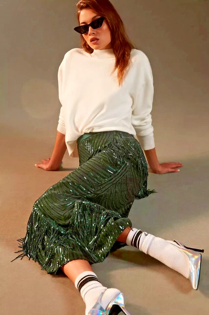 NWT ANTHROPOLOGIE EVA Franco Slim Sequin Fringe Maxi Skirt Hunter