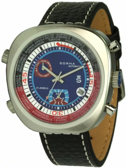 Sorna Bullhead Bleu Montre Hommes Automatique Design-Rétro 5 Atm 21 Pierres