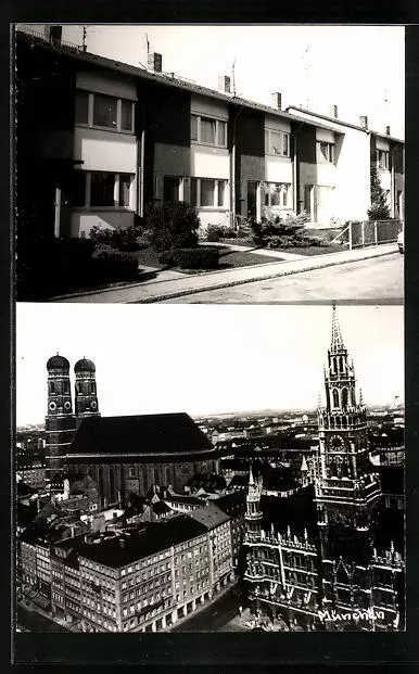 AK München, Frauenkirche und Rathaus, Reihenhäuser in einem Wohngebiet