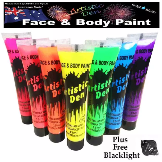 7 x 15ml - UV Neon Glow Face Paint Body Paint Black Light + FREE UV LIGHT!