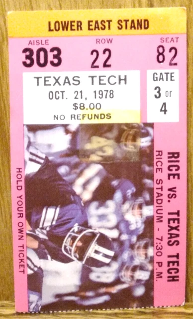 Rice Owls Football vs. Texas Tech Red Raiders 10-21-1978 Used Ticket Stub