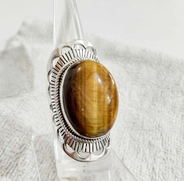 92.5 Solid Sterling Silver Natural Tiger's Eye Gemstone Ring Jewelry V-38(26)