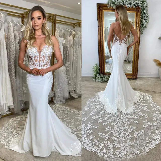Mermaid Wedding Dresses Spaghetti Strap Satin Sexy Backless Illusion Bridal Gown