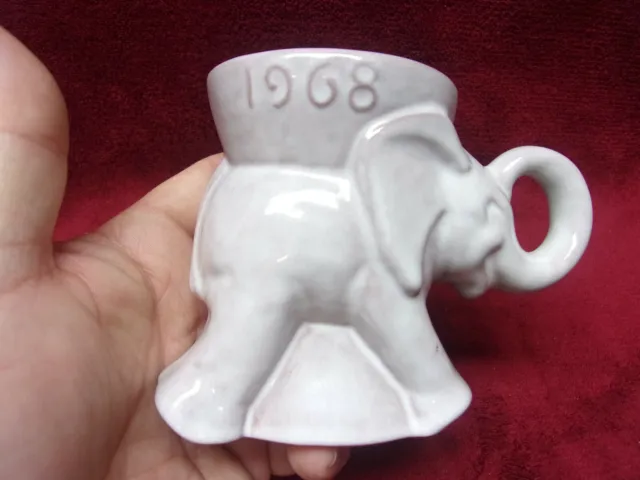 Vintage 1968 Frankoma  Pottery GOP Republican Elephant Mug, White Glaze