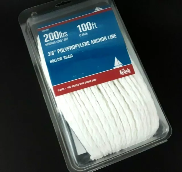 100 Feet Hollow Braid Floating Anchor Line 3/8 inch 200lbs Working Load w Clip