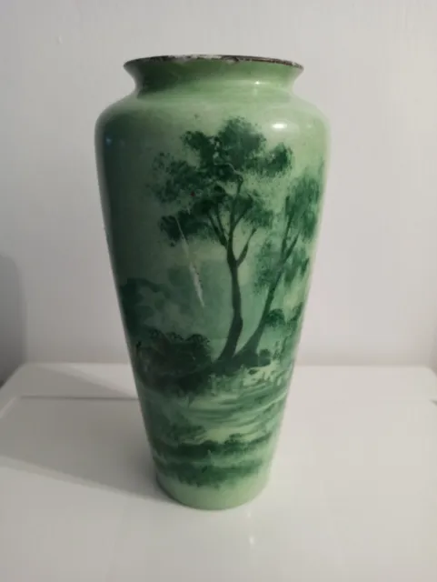 Petit vase décoré en porcelaine LIMOGES JC Cachet surchargé Rare 18 cm vert