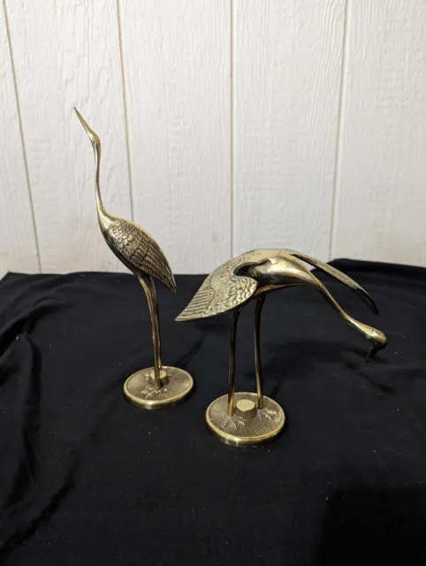 Vtg  Solid Brass Crane Heron Sea Bird Pair 11 3/4" &  7 " Mid Century Modern MCM