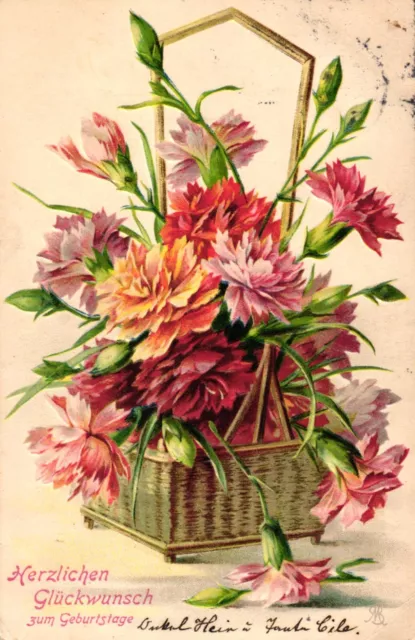 Geburtstag, Blumen, Korb mit Nelken, Prägekarte, 1905