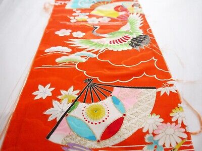 Vintage Japanese Girl's Kimono Fabric Orange Rinzu Crane, Floral144cm(57") Rare