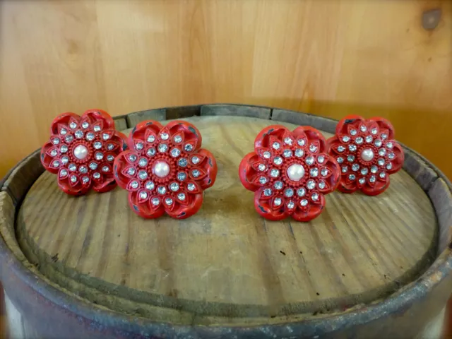 4 RED VINTAGE-STYLE FLORAL DRAWER PULLS HANDLES KNOBS metal shabby chic hardware