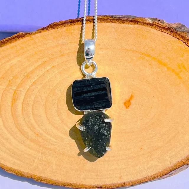 Natural Black Tourmaline with Moldavite Rough Pendant, 925 Silver pendant Woman