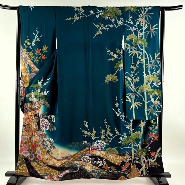 Japanese kimono SILK"FURISODE" long sleeves,Gld/SIL leaves,Pine/Bamboo,5'3".3585