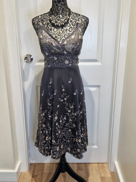 Ted Baker Grey Floral Silk Stappy Dress Wedding Occasions Size 4 12