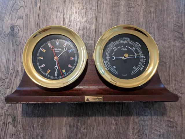 VTG Chelsea Black Flag Newport Ships Clock Barometer Set Nautical W Stand Brass