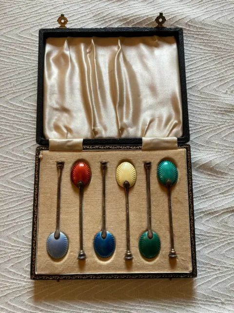 Sterling Silver Gilt Enamel English Hallmarked Coffee Spoons Cased Box Set of 6