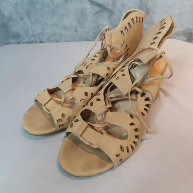 BP. Decker Lace-up Cutout Sandals Womens Sz 9M Heel Nude Natural Faux Leather