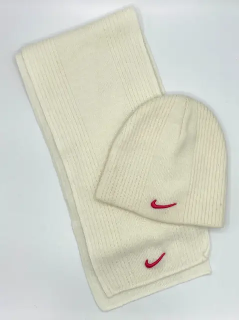 Nike Girls Knit Hat and Scarf Set Soft White with Pink Swoosh Size 7-16
