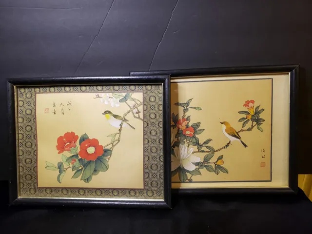 2 Asian Artist Signed Painting On Fabric Silk With Ribbon Trim Bird Flowers