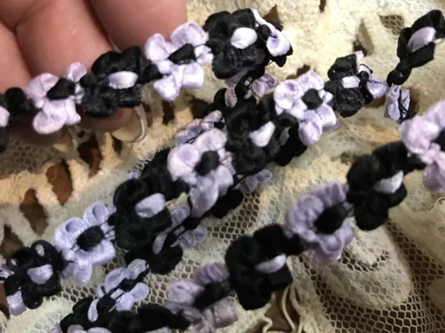 vintage French rococo trim 3/8" satin flower ribbon 1yd black lavender