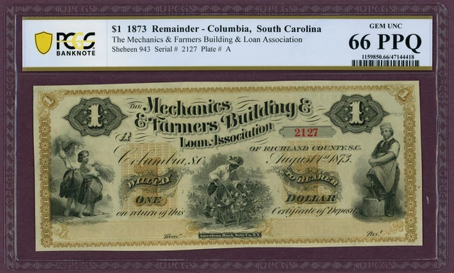 1873 Mechanics & Farmers Building & Loan Association SC $1 66 PPQ PCGS (L0564)