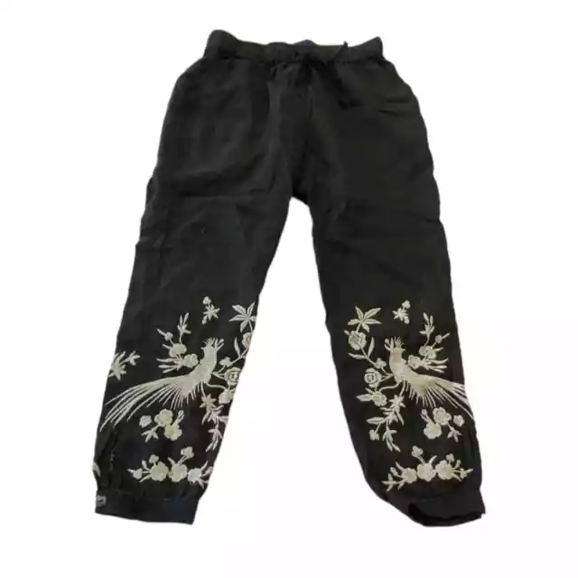 Johnny Was JW Los Angeles Cropped Pant 100% Linen Black Floral Embroidery Sz XS