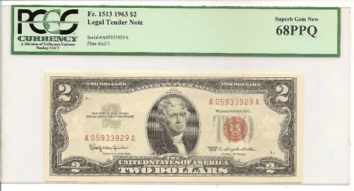 1963 $2  Legal Tender Note Red Seal Pcgs Gem New 68Ppq