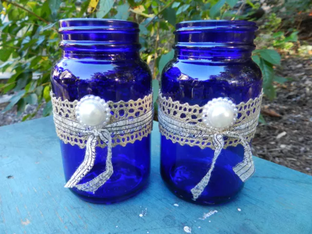 2 Cobalt Blue GLASS BOTTLES, Vanity Display Decoration JARS Wedding Craft - NEW