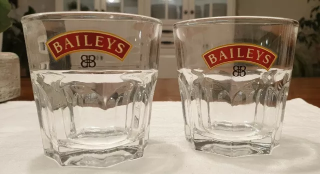 Set Of 2 Baileys Irish Cream Short Thick Tumbler Glasses 180ml Red & Gold Logo.