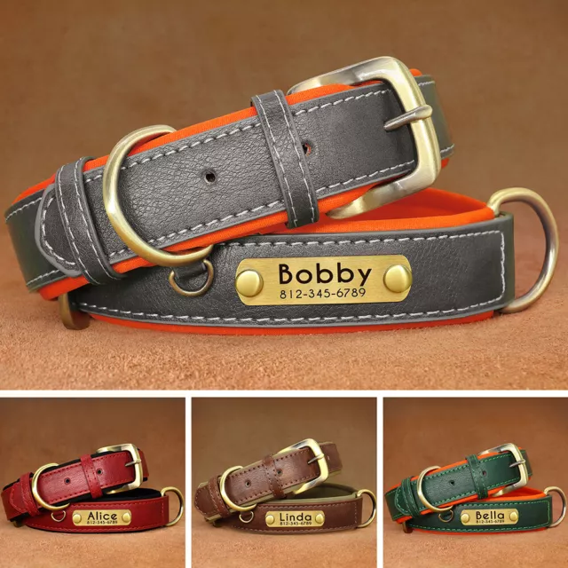 Personalised Dog Collar Soft Leather Custom Pet Name ID Tag Engraved Neck Strap