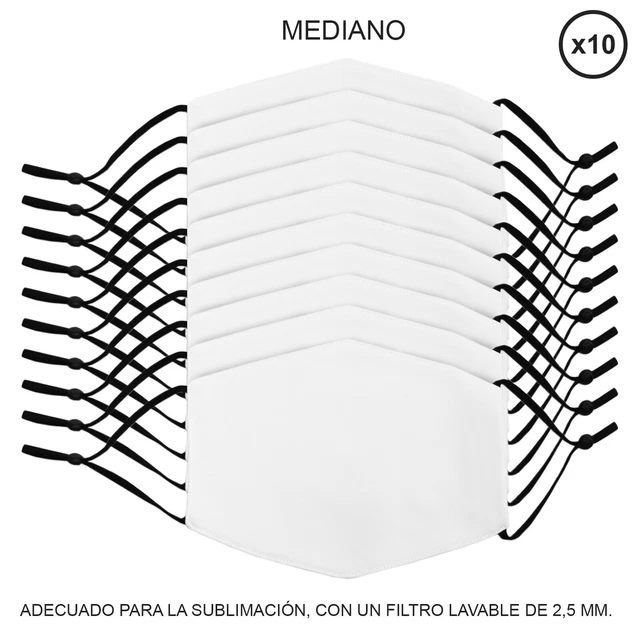 Mascarillas Sublimación Blanco Paquete de 10 Mascarillas Reutilizables Medianas