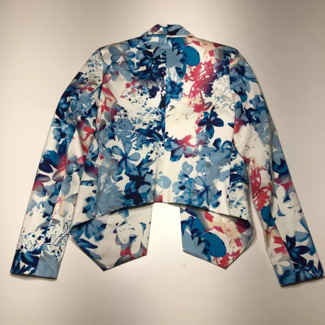 Mossimo Blazer Jacket Womens Size XS White Blue Floral Asymmetrical Hem Stretch