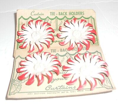 Vintage NOS Art Button Novelty Curtain Tie Back Holders RED MCM FLOWERS Tiebacks