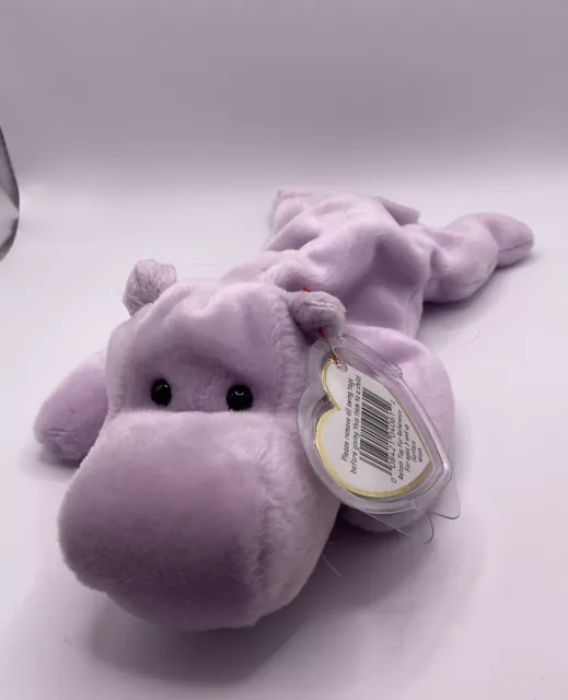 TY Beanie Baby Happy The Lilac Hippopotamus With Tag In Plastic Protector