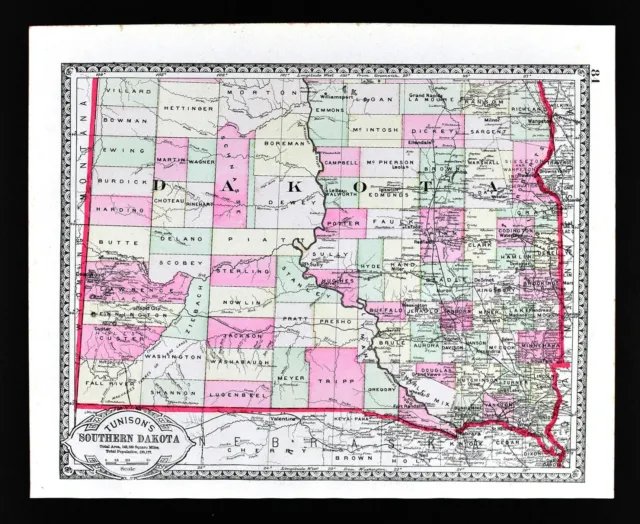 1886 Tunison Map South Dakota Rapid City Custer Deadwood Sturgis Sioux Falls SD