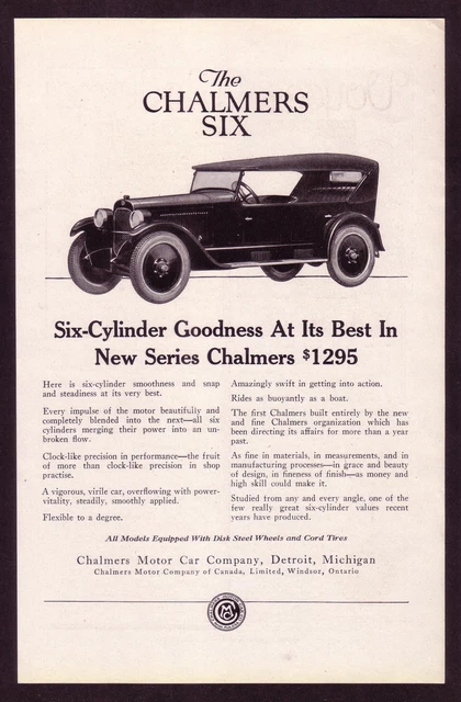 1922 Original Vintage Chalmers Six Touring Car Automobile Classic Art Print Ad