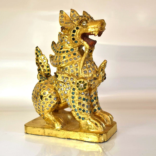Early 20thC Burmese Gilt Wood Guardian Lion /Foo Dog "Chinthe" -Thayo Decoration