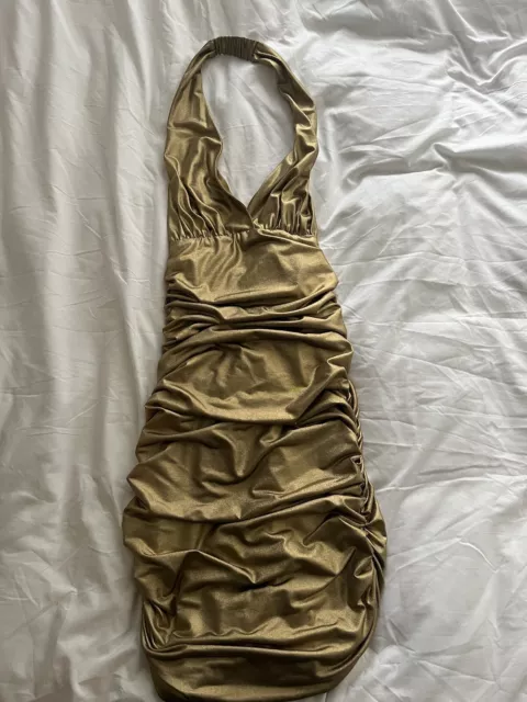 Gold Silky Halter Cocktail Dress By Bebe