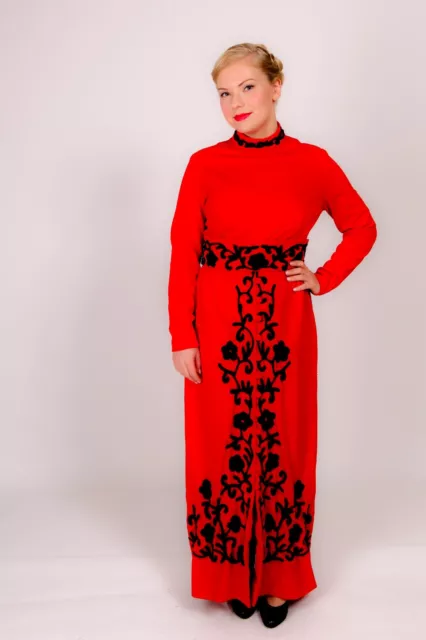 40s Vintage Style Red & Black Wool Embroidered High Neck Maxi Dress Evening Gown