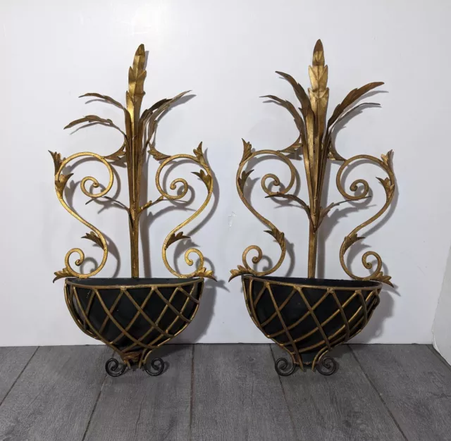 Vintage Pair of Ornate Gold Gilt Tole Wall Pocket Planter Sconce Italian Regency