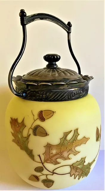 Antique Mt. Washington Art Glass Crown Milano Acorns & Oak Leaves Cracker Jar.