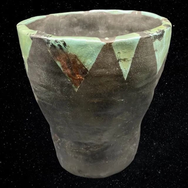 Vintage Raku Art Pottery Teal Metal Glazed Iridescent Planter Vase Sign 7”T 6”W 3