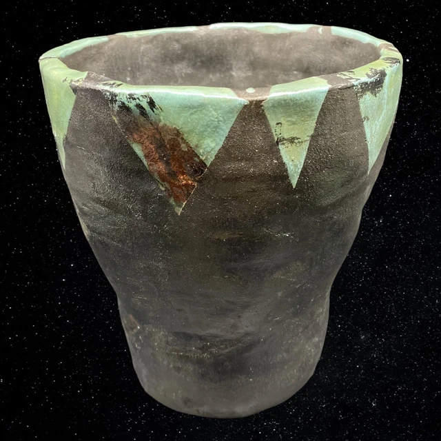 Vintage Raku Art Pottery Teal Metal Glazed Iridescent Planter Vase Sign 7”T 6”W 3