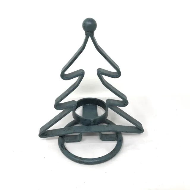 Green Metal Christmas Tree 7.5" Votive Candle Holder Folk Art Rustic Farmhouse