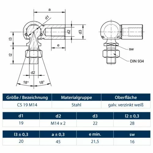 Winkelgelenk Kugelgelenk DIN 71802 CS, Stahl verzinkt | M5 M6 M8 M10 M12 M14 2