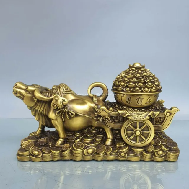 14''brass casting sculpture home feng shui pull a cart cornucopia wealth bull ox