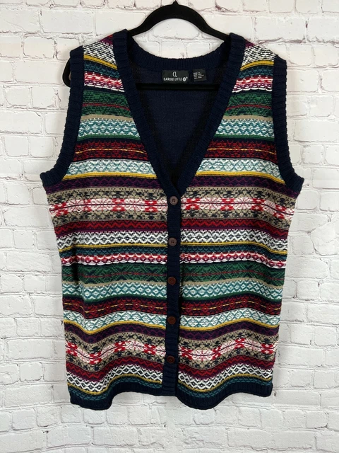 CAROLE LITTLE blue multicolor aztec knit button down wool blend vest 1X NWOT