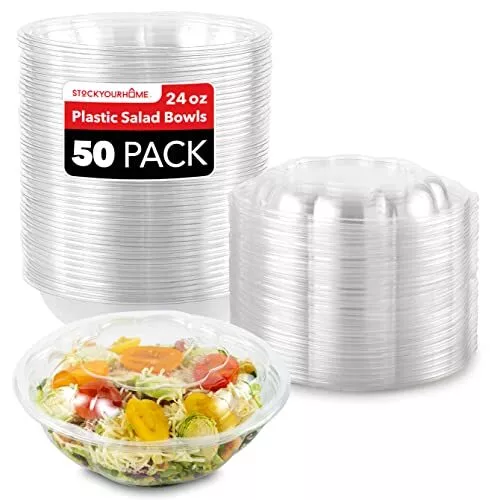 50 Pack 24oz Disposable Plastic Serving Rose Bowls with Lids Salad Containers