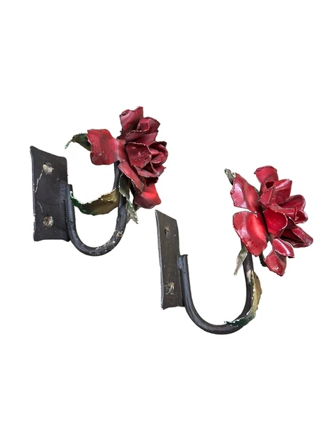 Set of 2 Antique Tole Painted Curtain Tie Backs Vintage Finial Drapery Rose Pair 2