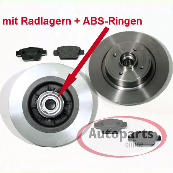 Bremsscheiben Ø 249 mm mit Radlager ABS Sensorringe Beläge hinten für Citroen C4